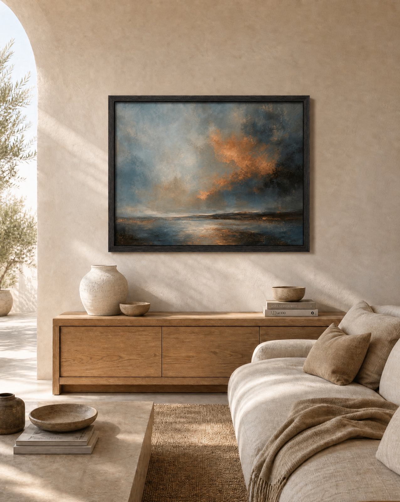 A single framed seascape holding a tall wall in an arched room