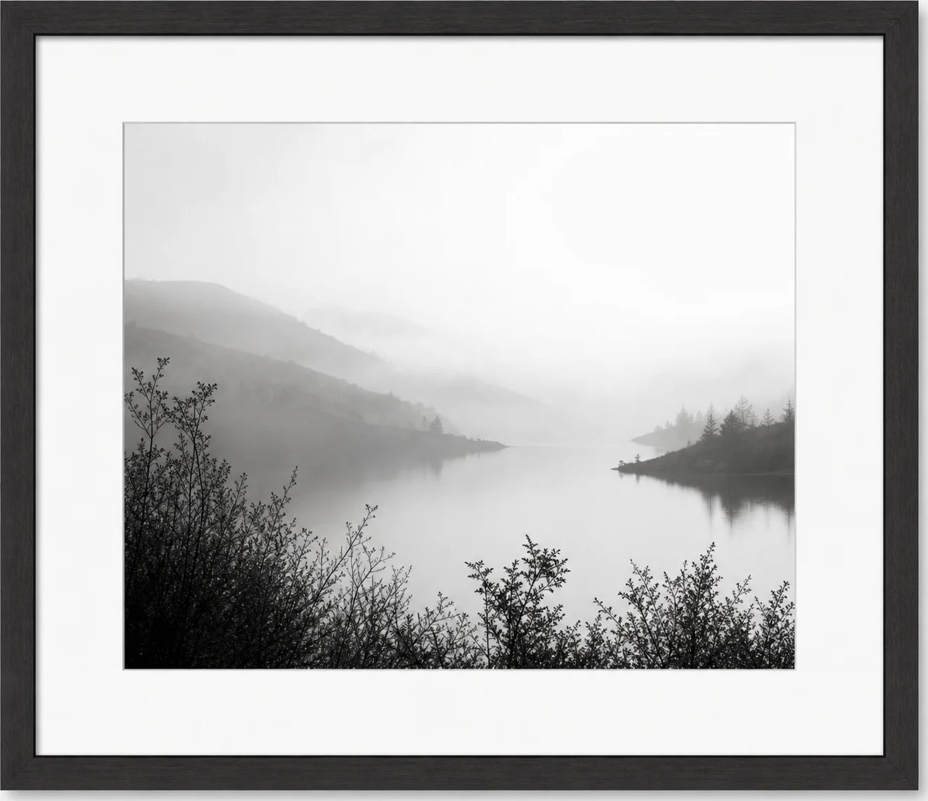 Black and white foggy lake photograph in gallery presentation with wide mat