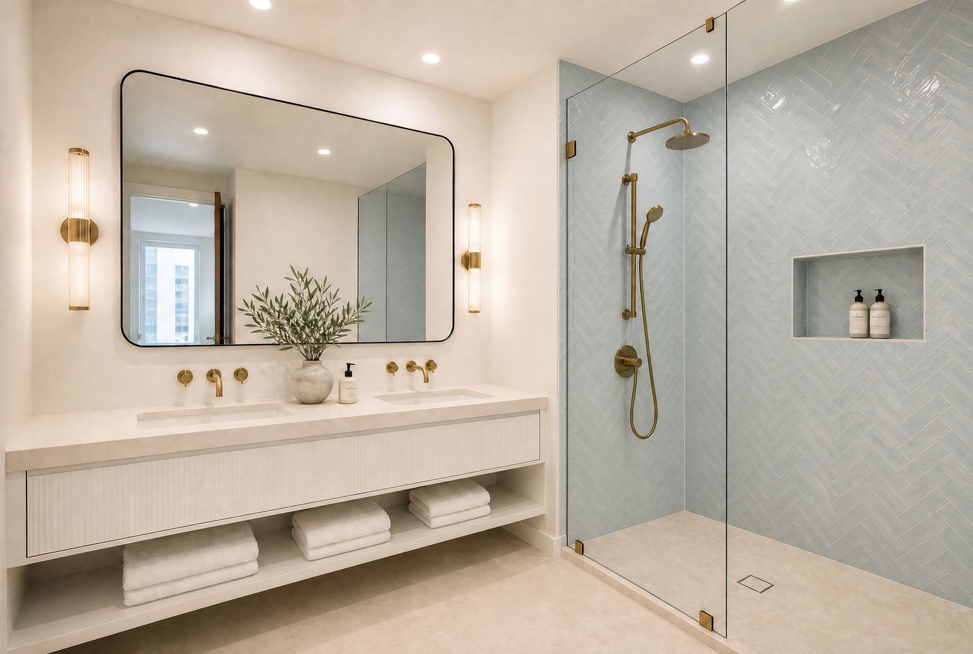 Bathroom design visualization: pale blue herringbone tile, brass fixtures, and twin vanity.