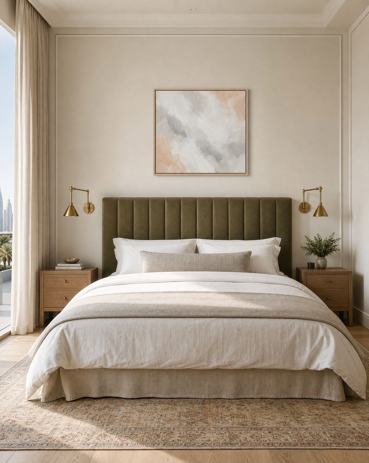 Blush and Grey Soft Abstract above an olive velvet headboard with white hotel bedding