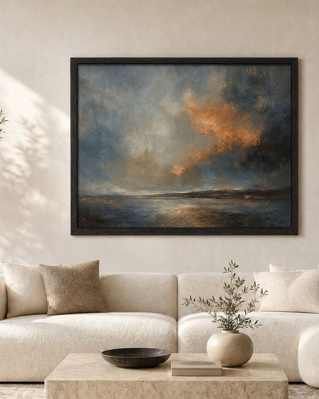 A living room with a generous seascape artwork above a curved boucle sofa, a neutral rug extending well past the sofa with clear margin on every side, an olive tree and a floor lamp, Studio Sakaia, Dubai