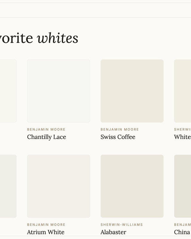 Studio Sakaia paint guide card, 'Our favorite whites', showing eight white paint swatches from Benjamin Moore and Sherwin-Williams including Simply White and Chantilly Lace