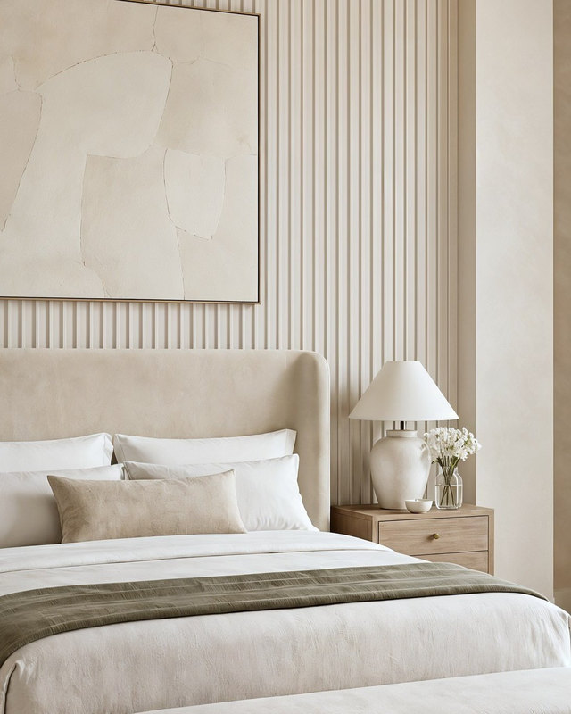 A bedroom with a reeded wall, a large pale plaster artwork above an upholstered headboard, matching ceramic lamps on oak nightstands and an olive green throw, Dubai.