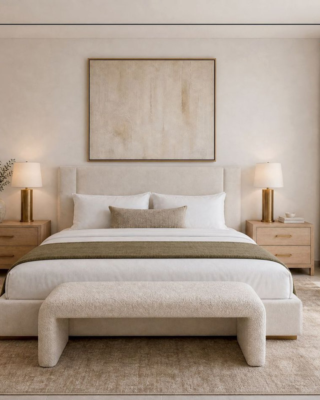 Bedroom design study: sand toned rug extending past the bed, olive throw, textured art.