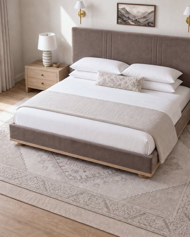 Sakaia visualisation: a bedroom seen from above, the rug extending generously past every side of the bed.