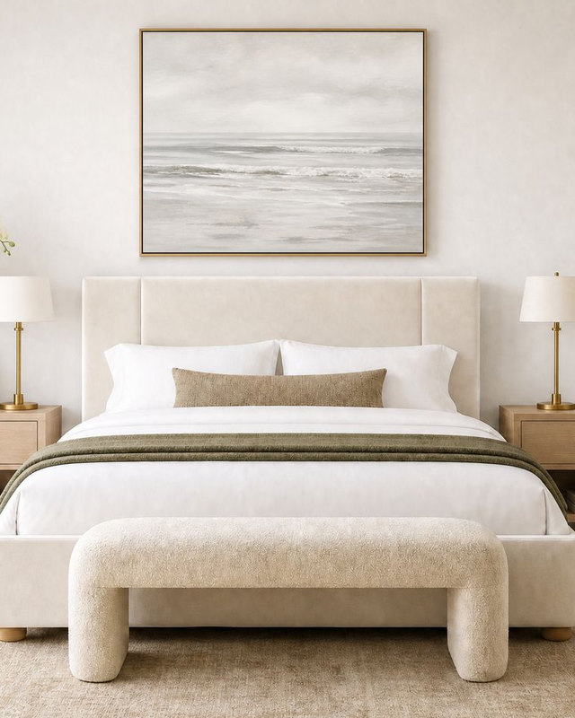 Bedroom design visualisation: symmetric composition, seascape artwork above an upholstered bed, paired oak nightstands.