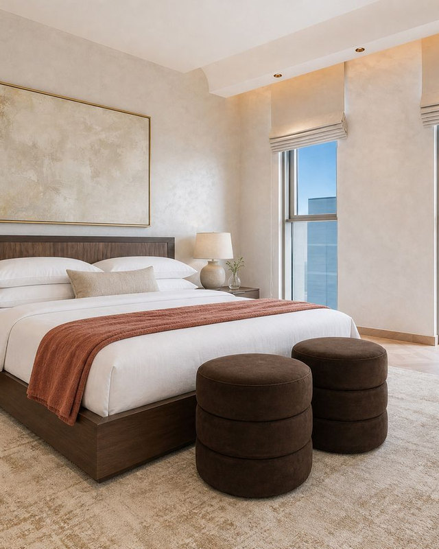Bedroom visualisation with a terracotta throw, brown ottomans, and warm neutral walls.