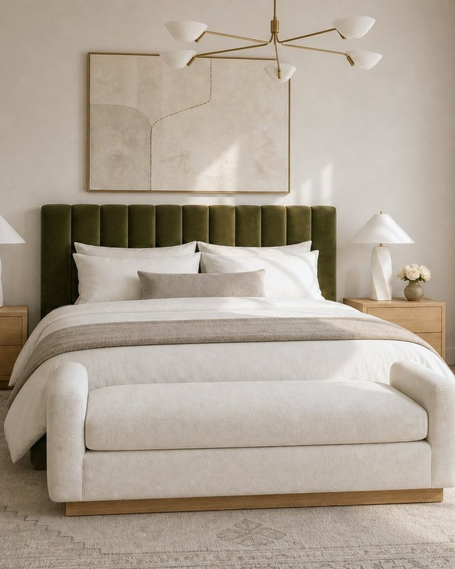 Sakaia visualisation: a bedroom with an olive velvet channel-tufted headboard, brass sconces and a warm white palette.