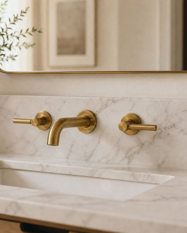 Detail design study: brass two handle wall faucet on a honed marble splashback with soft veining.