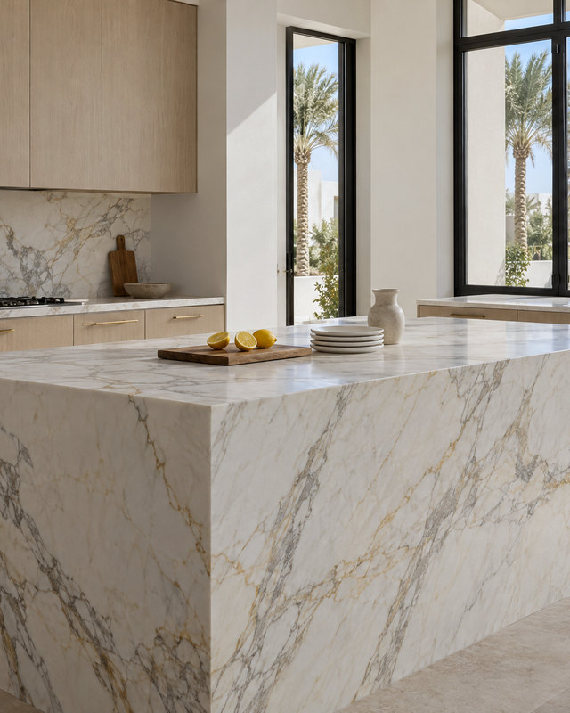 A kitchen in a Dubai villa with a Calacatta marble waterfall island, pale oak cabinetry and cut lemons on a board, design study by Studio Sakaia