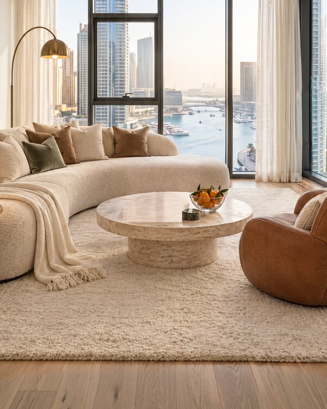 Staged Dubai living room with a curved bouclé sofa, travertine coffee table, cognac leather chair and brass floor lamp, design visualisation by Studio Sakaia.