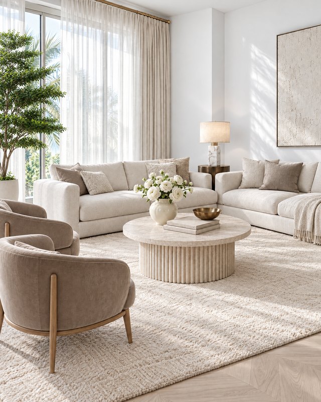 A bright living room in a Dubai villa with an ivory sofa and loveseat, two taupe velvet lounge chairs and a round fluted travertine coffee table, sheer ivory curtains, design visualisation by Studio Sakaia.
