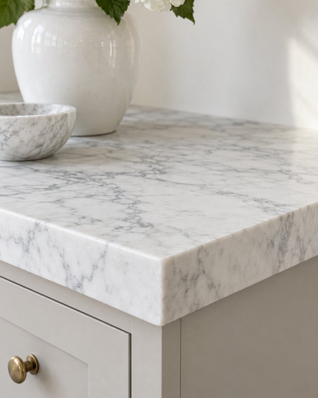 The corner of a Calacatta marble countertop with an eased edge in a bright kitchen, design visualisation by Studio Sakaia.