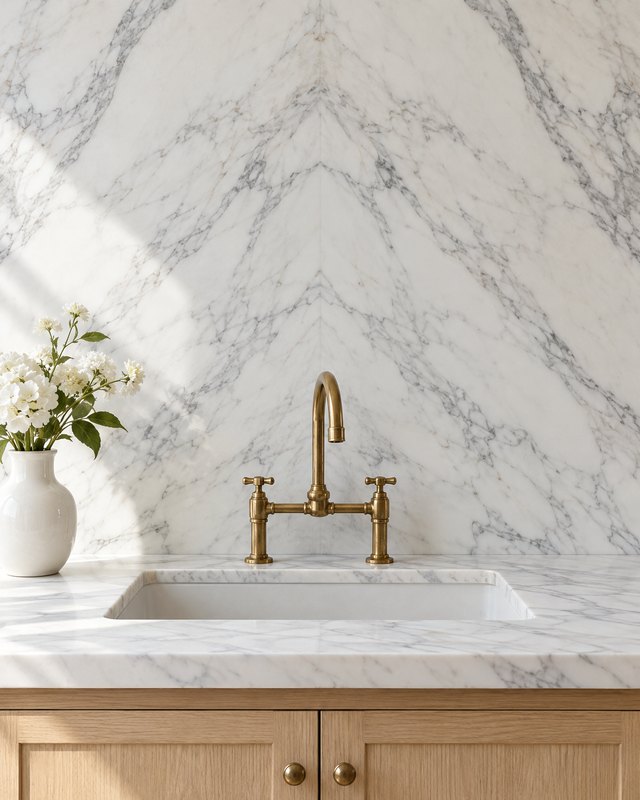 A sink wall with a book matched Calacatta marble backsplash, a brass bridge tap and oak cabinets, design visualisation by Studio Sakaia.