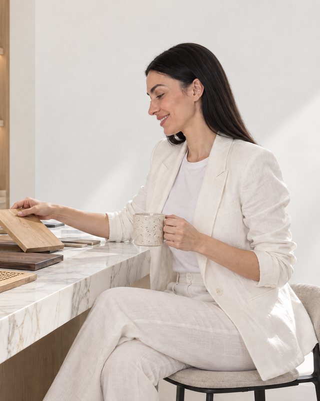 A designer in a white linen suit at a white marble counter with oak, walnut, cane and stone samples, white orchids and lit oak shelves behind, design visualisation by Studio Sakaia.
