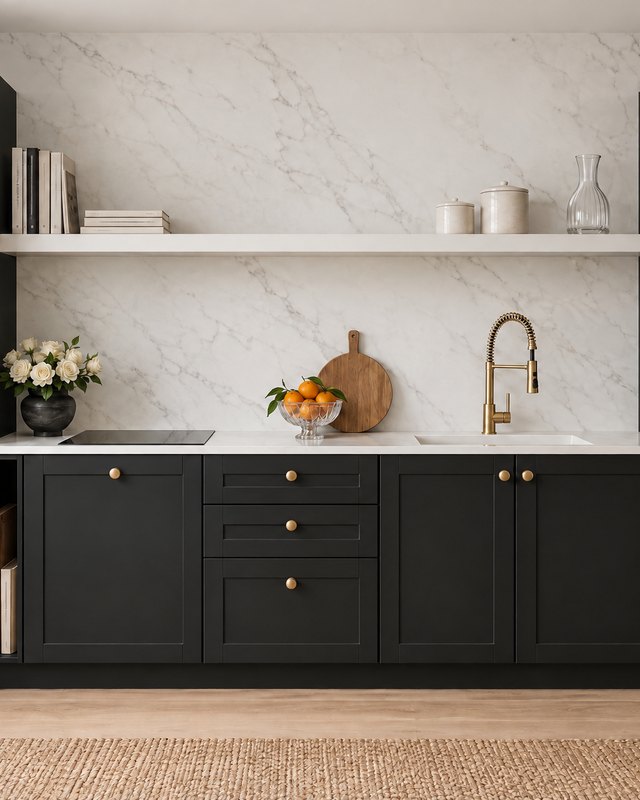 Black Shaker kitchen cabinets with brass knobs, a white marble backsplash and a floating shelf, design visualisation by Studio Sakaia, Dubai.