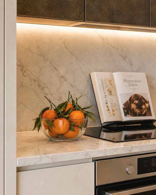 A kitchen counter detail with a glass bowl of clementines still on their branches, an open cookbook on a stand, a marble splashback and bronze upper cabinets lit from beneath, Dubai.