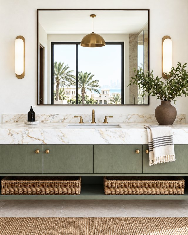 Wall-hung sage green oak vanity with a honed Calacatta Oro marble top, woven baskets and brushed brass wall lights in a bright bathroom, design visualisation by Studio Sakaia.