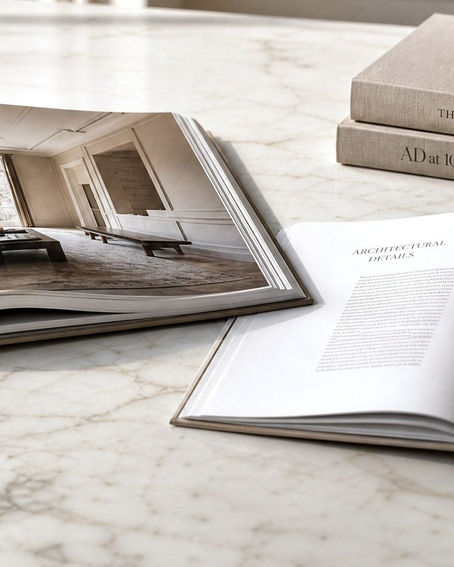 Sakaia visualisation: an interior design book open beside stacked hardcovers and a magazine spread on a honed marble table.