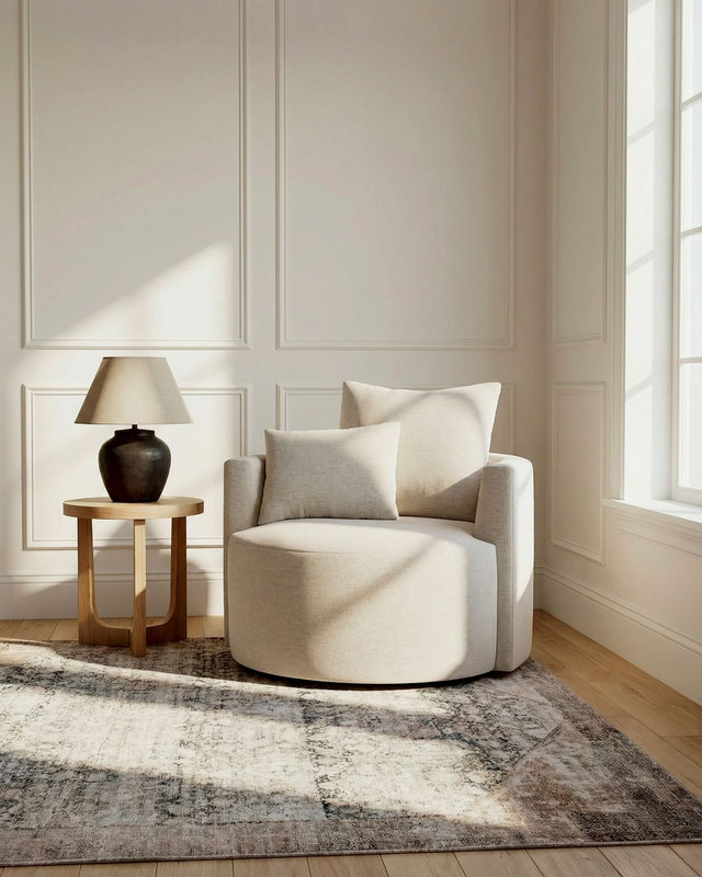 Reading corner design study: cream swivel chair and faded vintage rug on oak floor, warm low afternoon light.