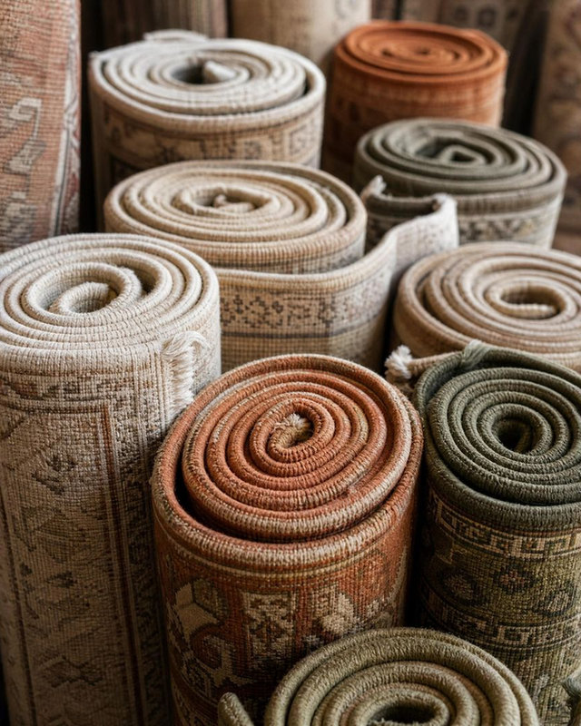 Rolled hand knotted rugs in pale neutrals, terracotta and olive, spiral ends facing the camera.