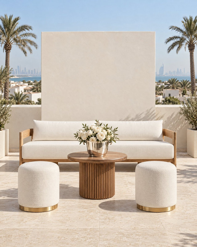 Rooftop event lounge in Dubai with a white sofa, fluted round table and two boucle ottomans on brass bases, the skyline behind, Studio Sakaia design visualisation.
