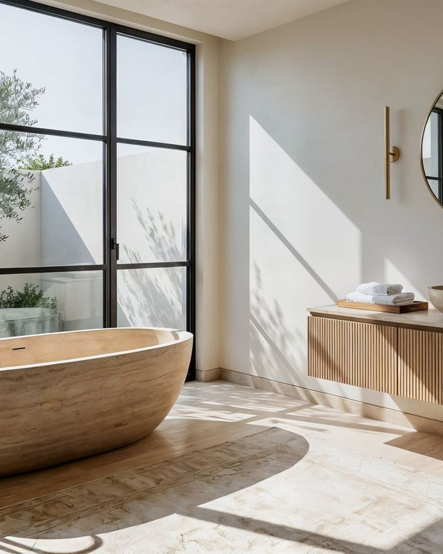 Travertine bathtub facing a black steel window with an olive tree beyond, brass floor tap.