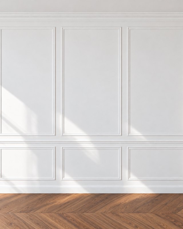 White wall with picture frame moulding above and below a chair rail, morning light and a chevron wood floor, design visualisation by Studio Sakaia.