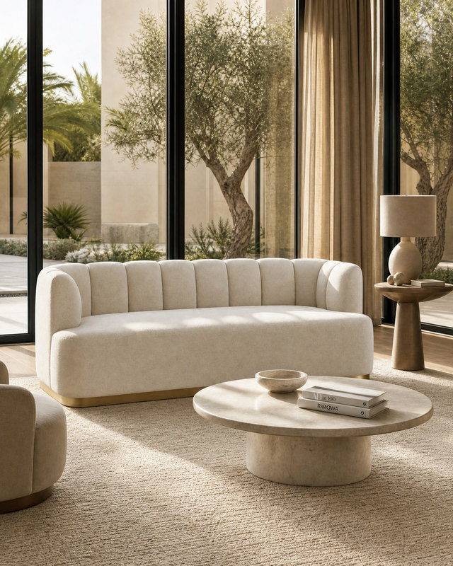 Warm minimalist Dubai villa living room with a cream curved sofa, travertine and oak, by Studio Sakaia