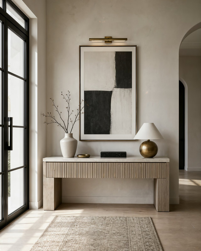 A dusk sitting area with a boucle chair, a round lamp and an ivory plaster artwork against the Dubai skyline, Studio Sakaia, Dubai