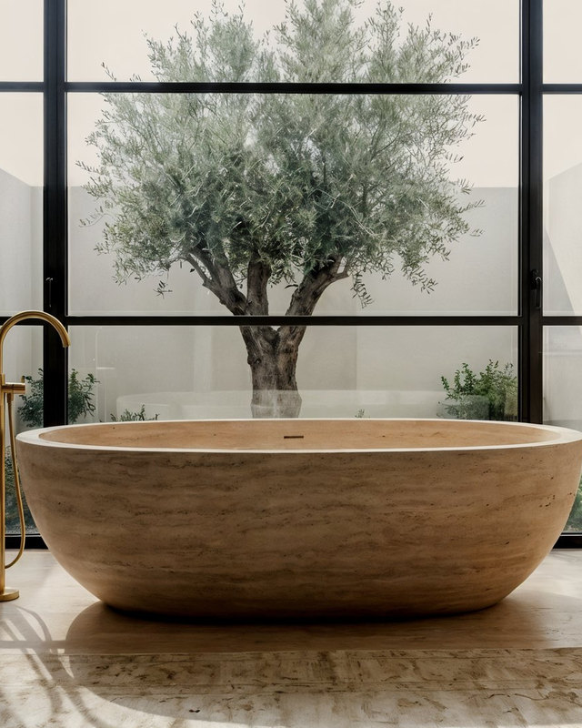 Primary bathroom organised around stone and daylight; travertine, a steel-framed window, a single olive, by Studio Sakaia