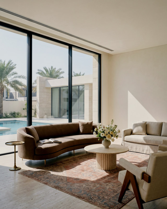 A staged Dubai living room with a curved cream sofa, an olive velvet armchair and a Barcelona Rooftops artwork above, Studio Sakaia, Dubai
