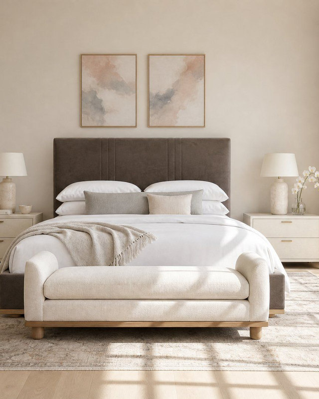 A Sakaia-designed bedroom composed around the Blush and Grey Soft Abstract