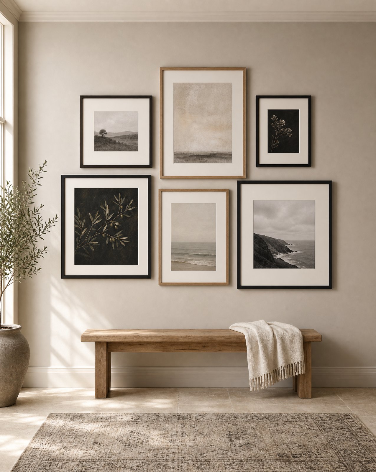 A gallery wall of six framed works hung as one composition above an oak bench