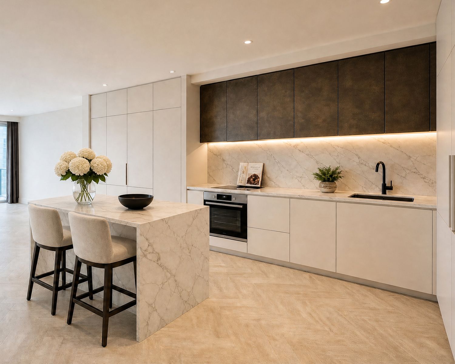 Kitchen design visualization: cream cabinetry, bronze upper doors, marble island and splashback.