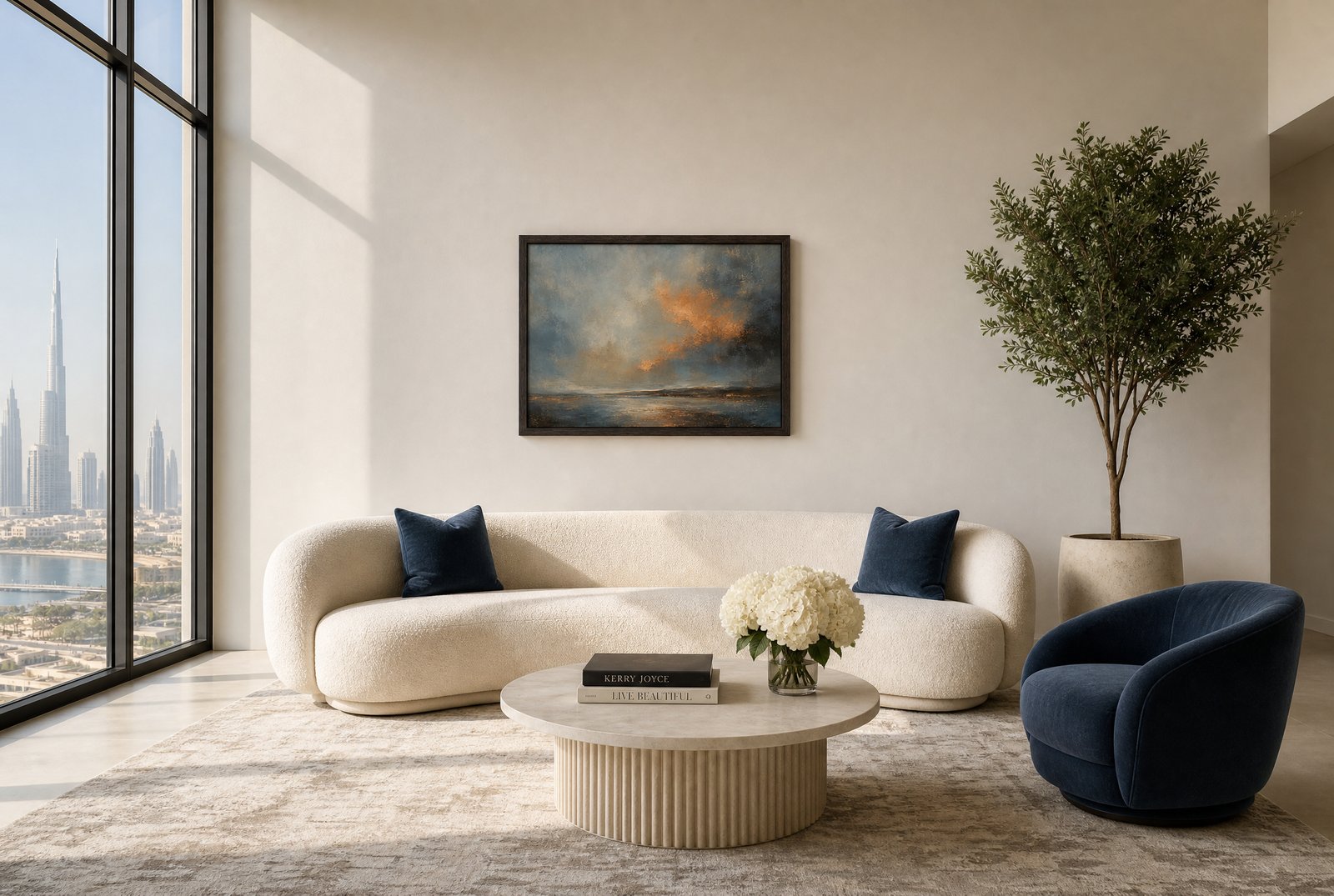 Amber Dusk Seascape framed canvas in a contemporary living room overlooking the Dubai skyline