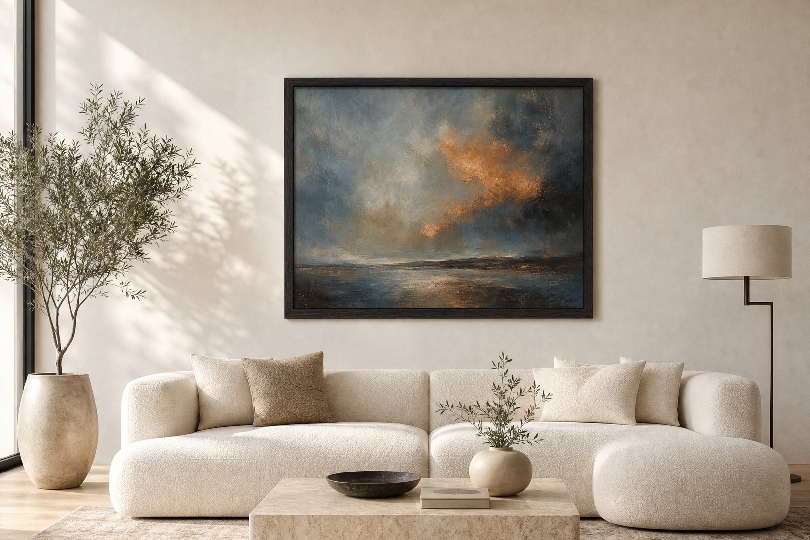 A living room with a generous seascape artwork above a curved boucle sofa, a neutral rug extending well past the sofa with clear margin on every side, an olive tree and a floor lamp, Studio Sakaia, Dubai