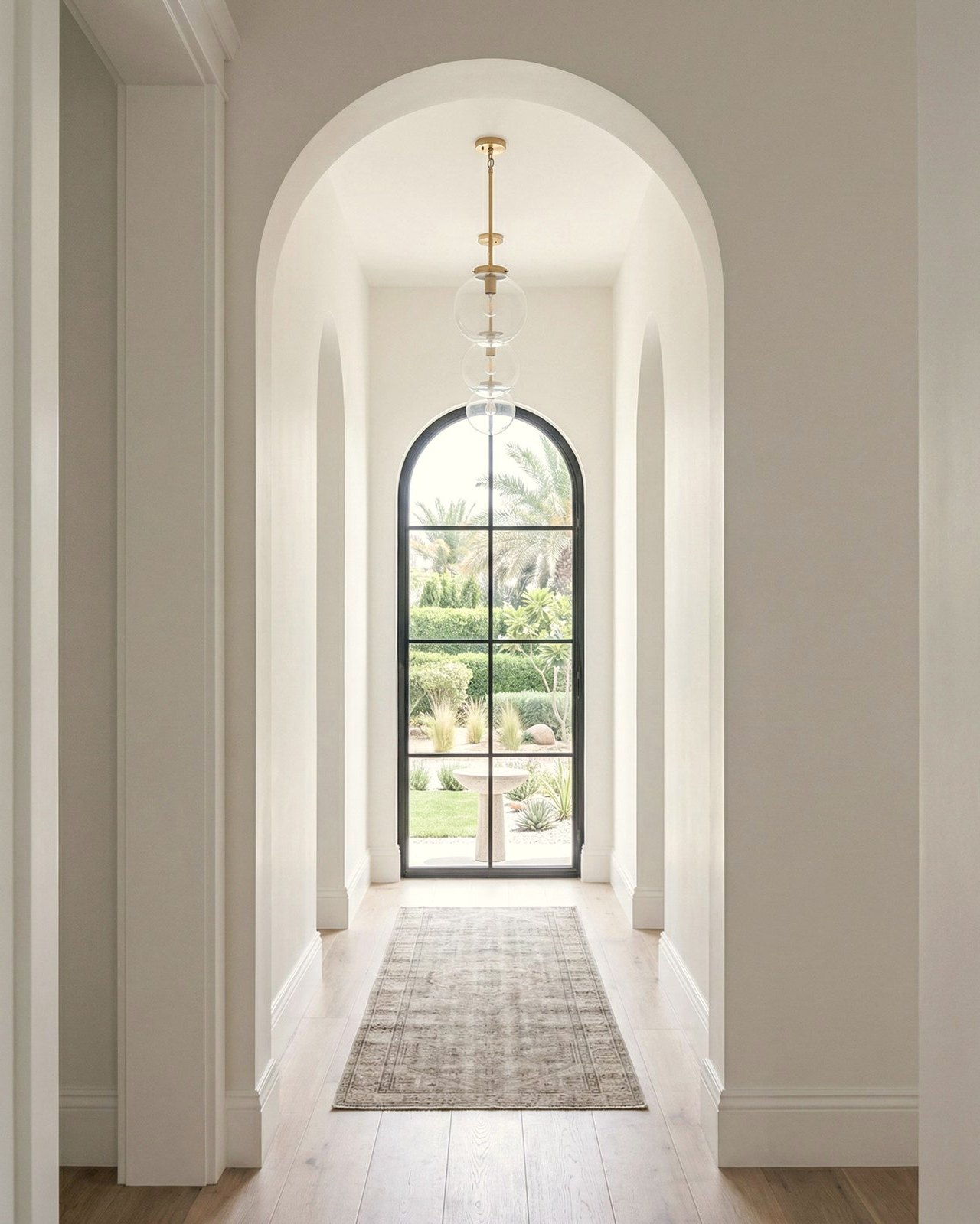 A corridor of arched openings leading to an arched steel window, daylight and palm trees beyond, Studio Sakaia, Dubai