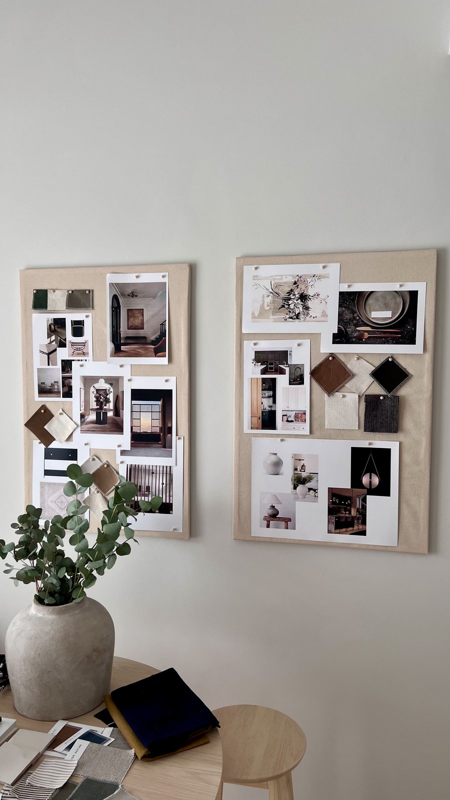Two pinboards carrying fabric swatches, paper samples and tearsheets, Studio Sakaia, Dubai