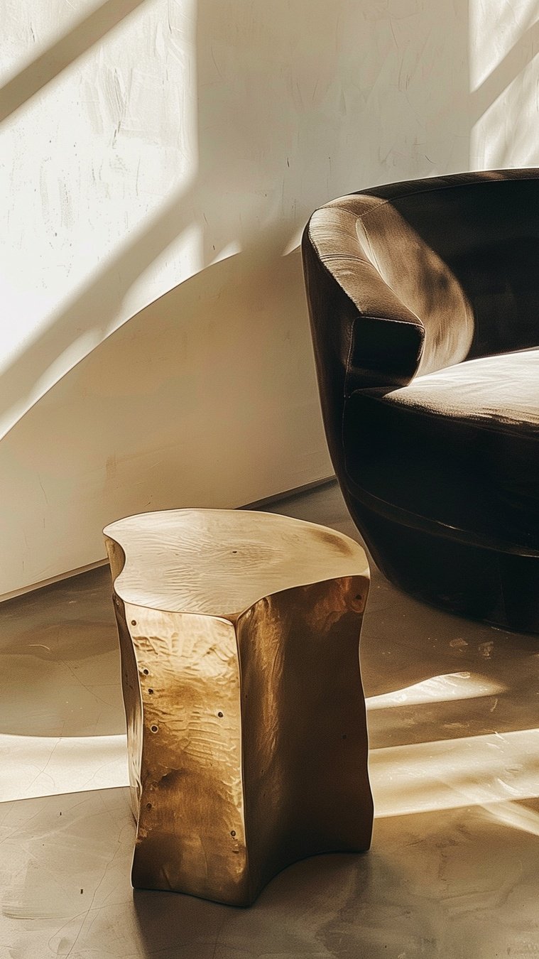 A brass side table and leather chair tested in raking afternoon light, Studio Sakaia, Dubai