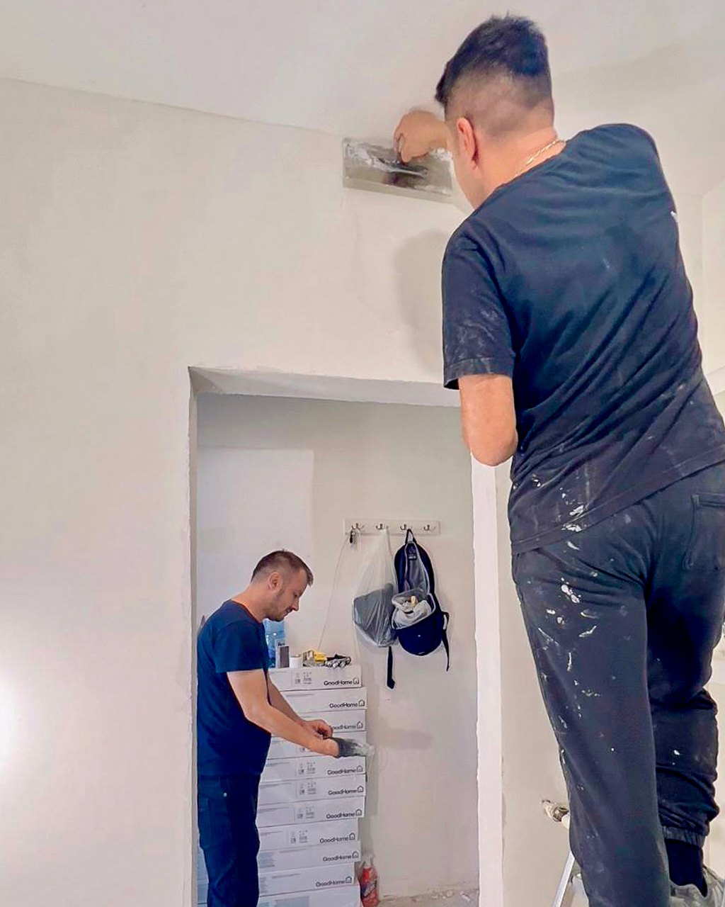 Painting in progress in the windowless bathroom during Studio Sakaia's own Dubai renovation