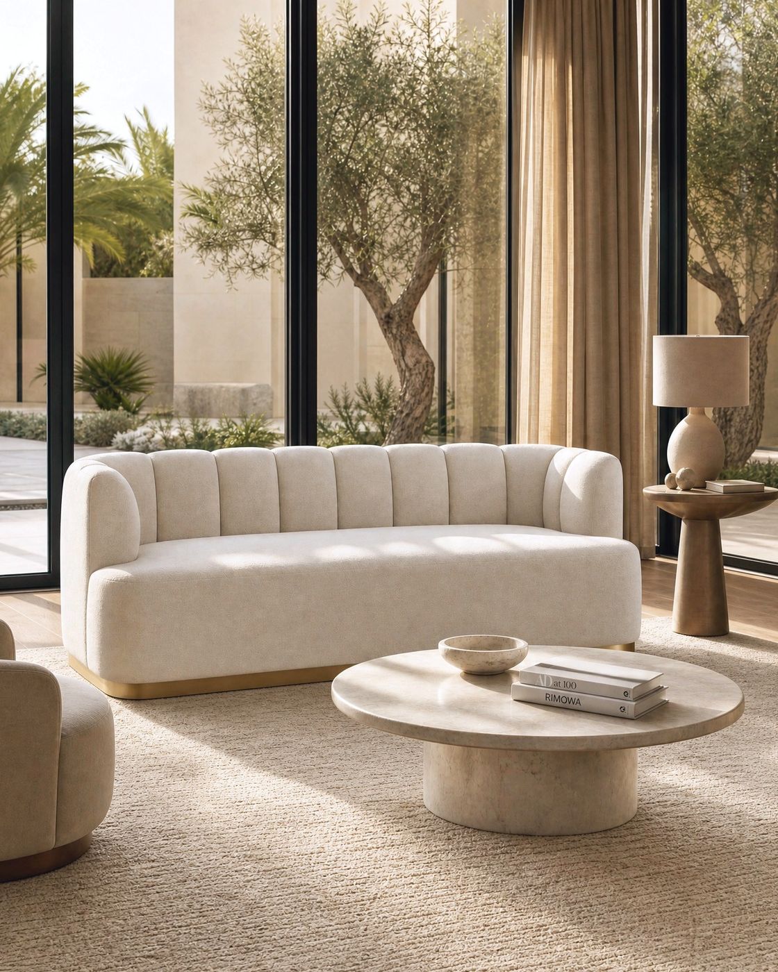 Living room design study with a cream curved sofa, round travertine coffee table and full height windows onto olive trees.
