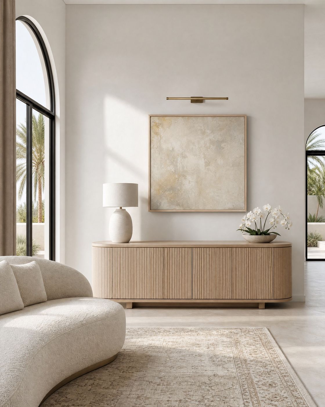 Living room design study: arched black steel windows, fluted oak sideboard, textured art, Dubai palms.