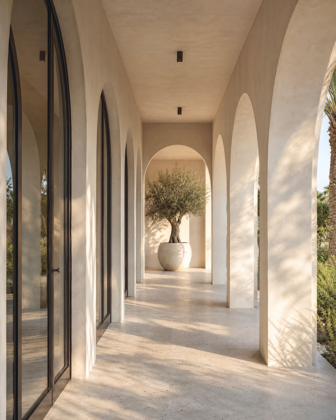 Arched walkway design study at a modern Dubai residence: limestone floor, olive tree, warm evening light.