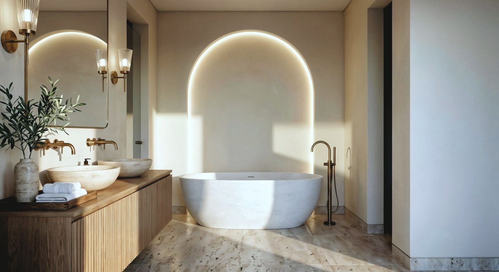 Bathroom design study: backlit arch niche behind a freestanding stone tub, brass floor mounted tap.