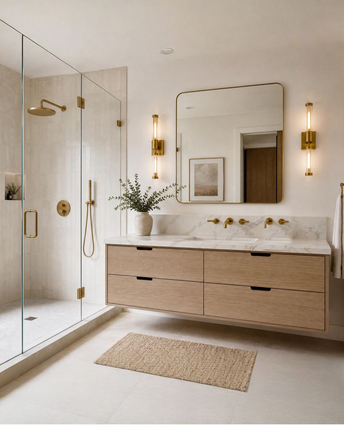 Bathroom design study: floating oak vanity, glass shower with brass rain head, black steel window.