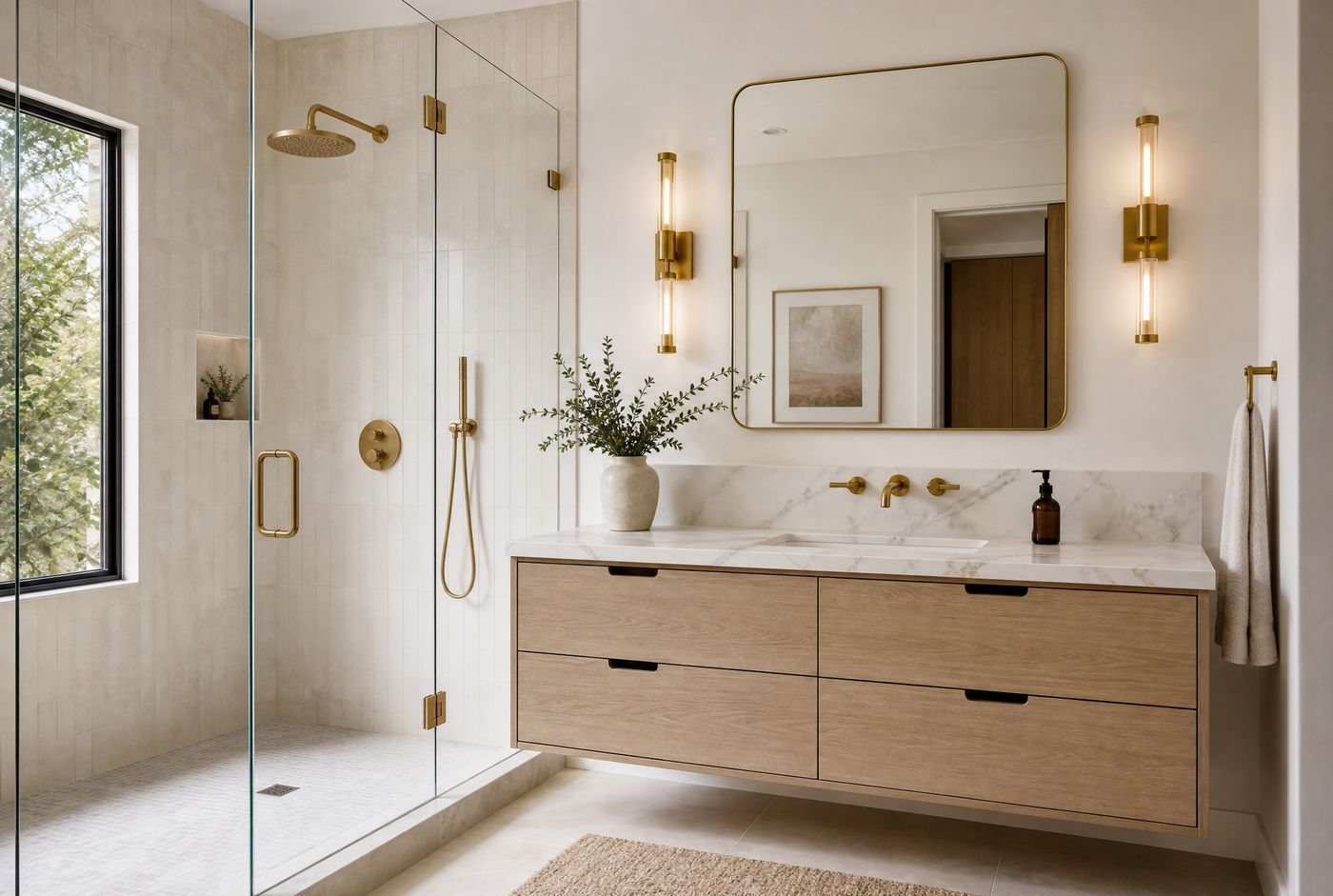 Bathroom design study: floating oak vanity, marble counter, brass wall taps and tube sconces, warm light.