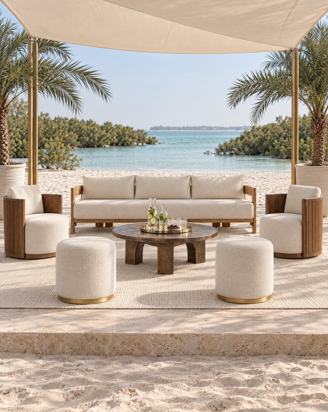 Beach guest lounge under a white canopy with a long sofa, curved armchairs, boucle ottomans and a low round table facing the sea, Studio Sakaia design visualisation, UAE.
