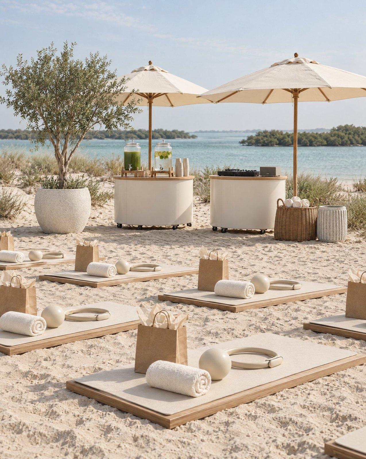 Beach wellness setup with rows of cushioned mats on oak platforms, rolled towels and a juice station under white parasols by the water, Studio Sakaia design visualisation, UAE.