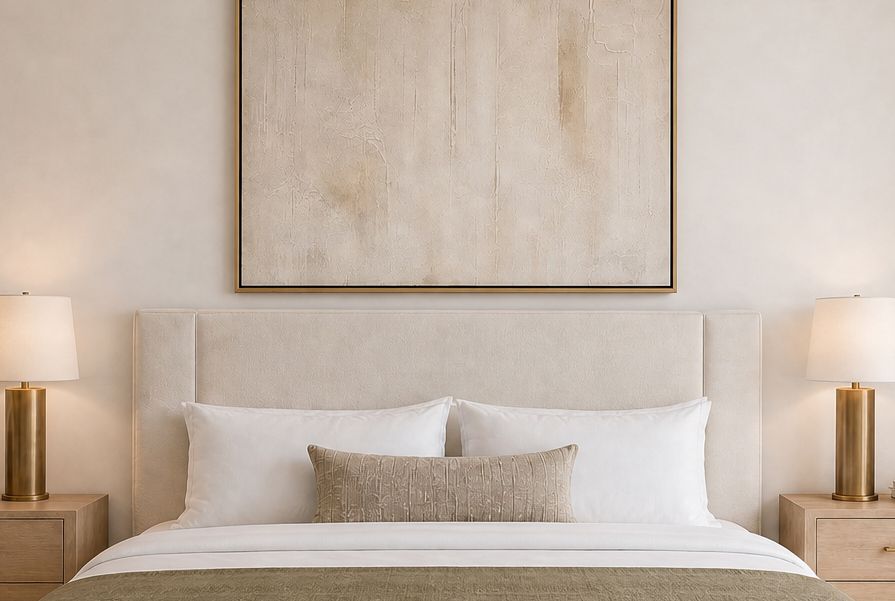 Close view of a bed with three bedding layers, one lumbar cushion, and textured artwork above the headboard.